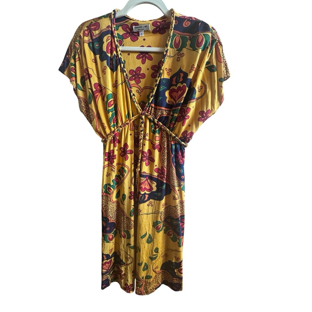 Nieves Lavi NY Yellow Floral Print Size 2 Mini Dress Braided Trim Neckline/Waist